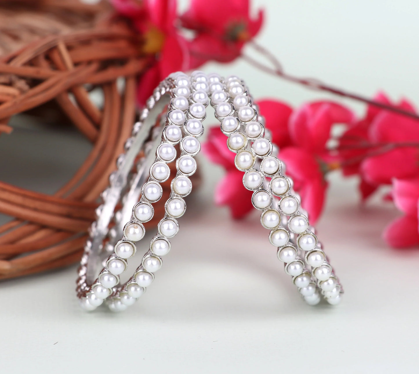 Silver Plated Pearl Studded Metal Kada for Women (Pack Of 2)