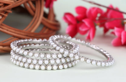Silver Plated Pearl Studded Metal Kada for Women (Pack Of 2)