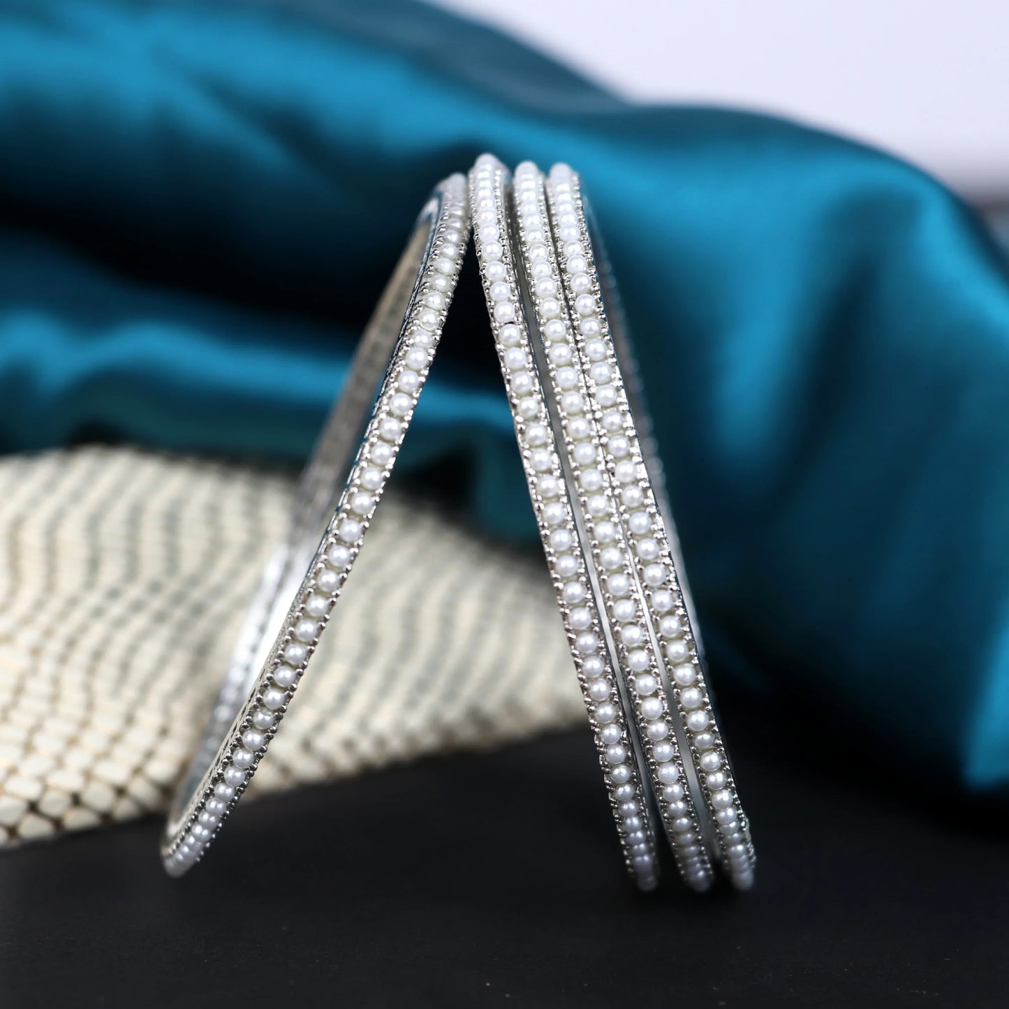 Silver Plated Pearl Studded Metal Kada Bangles for Women (Pack of 4)