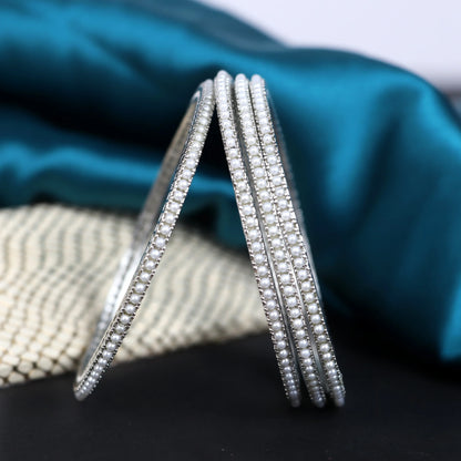 Silver Plated Pearl Studded Metal Kada Bangles for Women (Pack of 4)