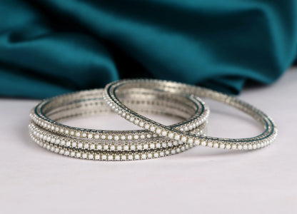 Silver Plated Pearl Studded Metal Kada Bangles for Women (Pack of 4)
