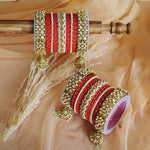 Traditional Red Metal Bangles Set for Women | Stylish Kundan Work Studded Golden Jhumki Kada