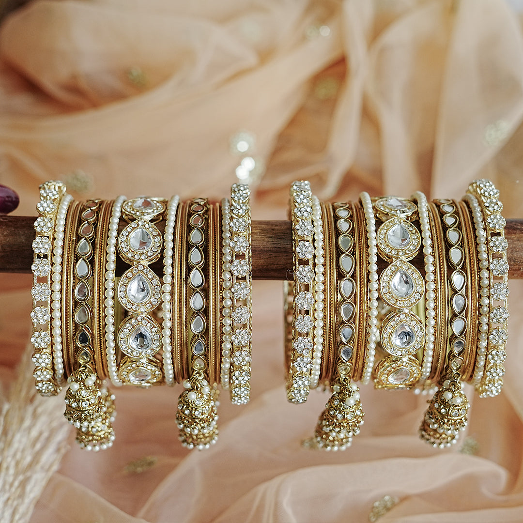 Traditional Golden Bangles Set for Women & Girls | Kundan Work with Jhumki Latkan Kada (Both Hands)