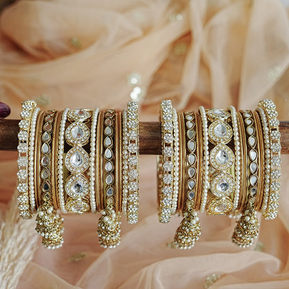 Traditional Golden Bangles Set for Women & Girls | Kundan Work with Jhumki Latkan Kada (Both Hands)