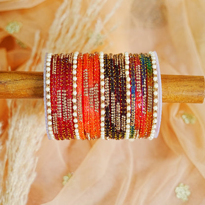 Glass Bangles Set with Pearl & Stone Studded Design for Women & Girls