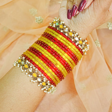 Traditional Glass Bangle Set with Kundan Metal Kada & Pearl for Women