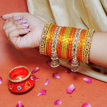 Glass Bangles Set with Latkan Jhumki Kada, Kundan Work & Pearl Studded for Women & Ladies