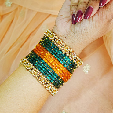 Glass Bangle Set with Kundan Metal Kada & Pearl Studded for women