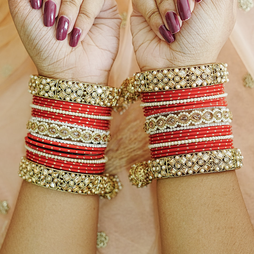 Traditional Red Metal Bangles Set for Women | Stylish Kundan Work Studded Golden Jhumki Kada