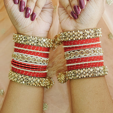 Traditional Red Metal Bangles Set for Women | Stylish Kundan Work Studded Golden Jhumki Kada