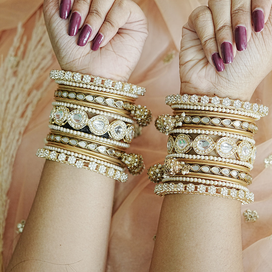 Traditional Golden Bangles Set for Women & Girls | Kundan Work with Jhumki Latkan Kada (Both Hands)


