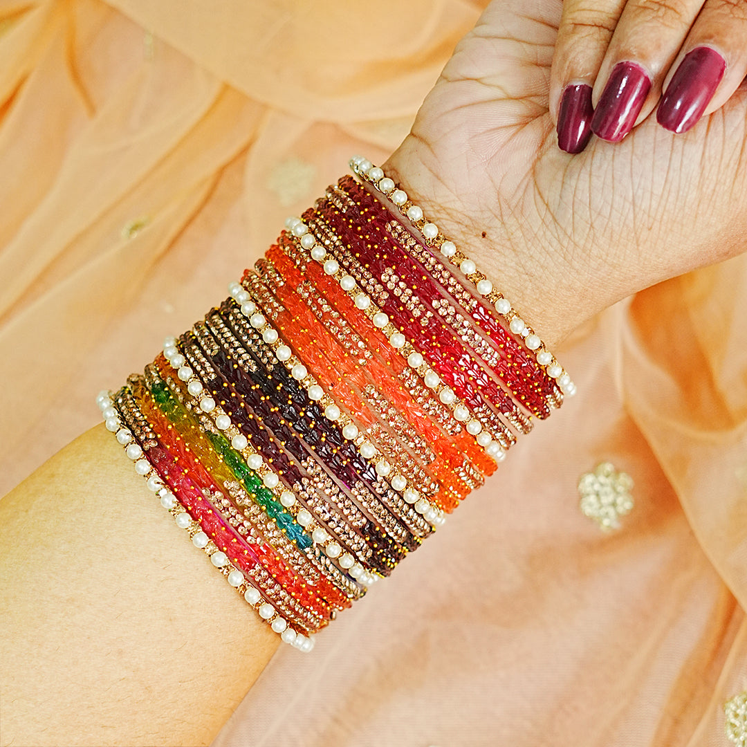 Glass Bangles Set with Pearl & Stone Studded Design for Women & Girls