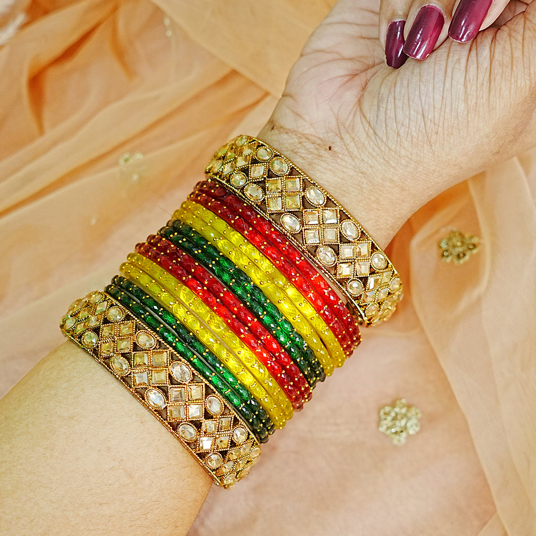 Elegant Multi Color Glass Bangles with Metal Kada For Women & Girls