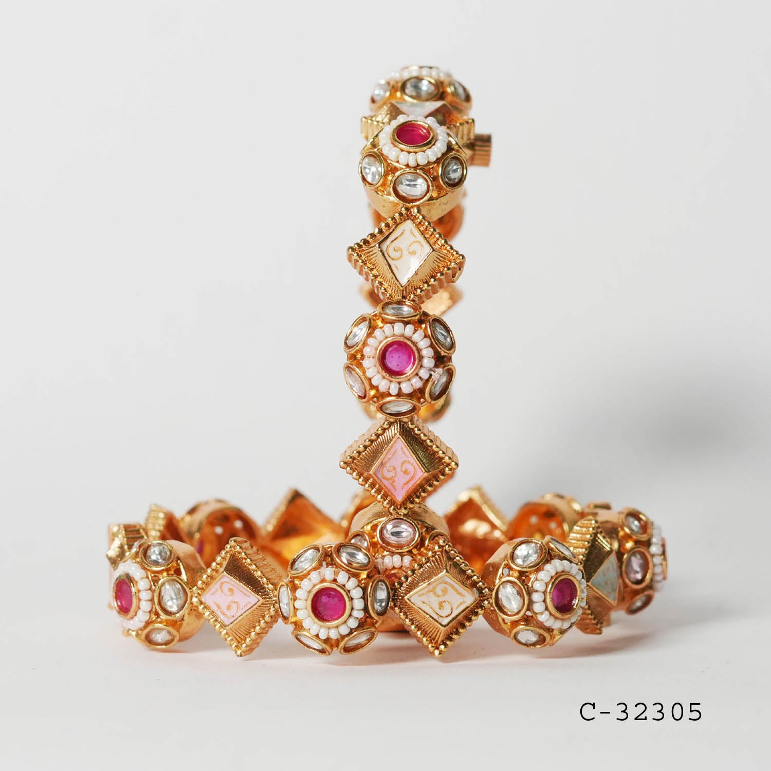 Pearl with Kundan Studded Bracelet for Women & Girls, Antique Design Brass Kada Traditional Indian Jewelry