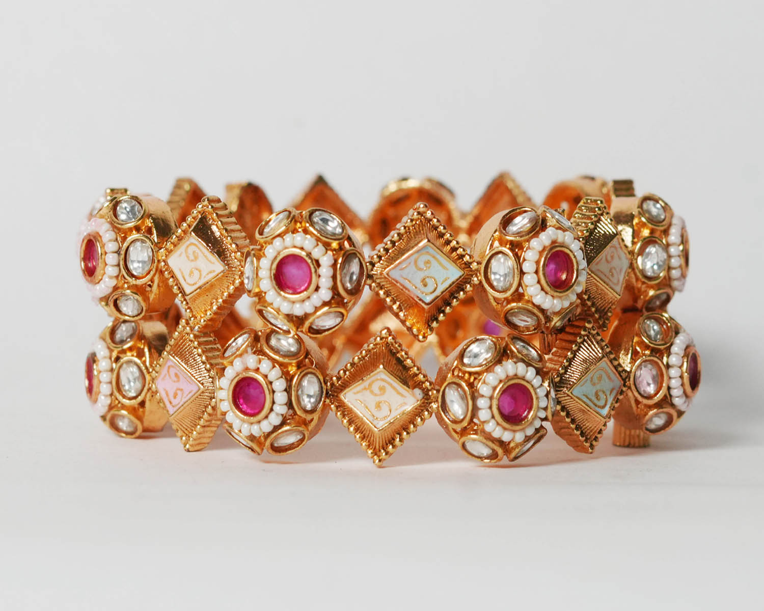 Pearl with Kundan Studded Bracelet for Women & Girls, Antique Design Brass Kada Traditional Indian Jewelry