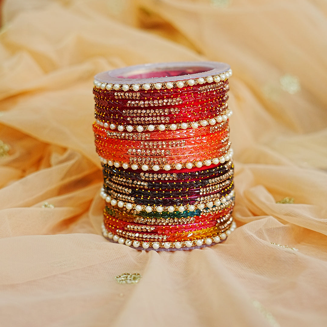 Glass Bangles Set with Pearl & Stone Studded Design for Women & Girls