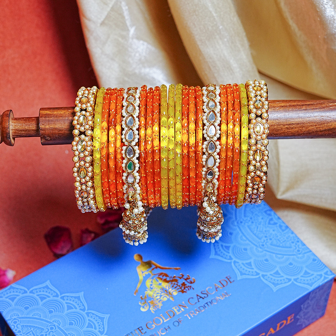 Glass Bangles Set with Latkan Jhumki Kada, Kundan Work & Pearl Studded for Women & Ladies