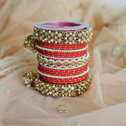 Traditional Red Metal Bangles Set for Women | Stylish Kundan Work Studded Golden Jhumki Kada