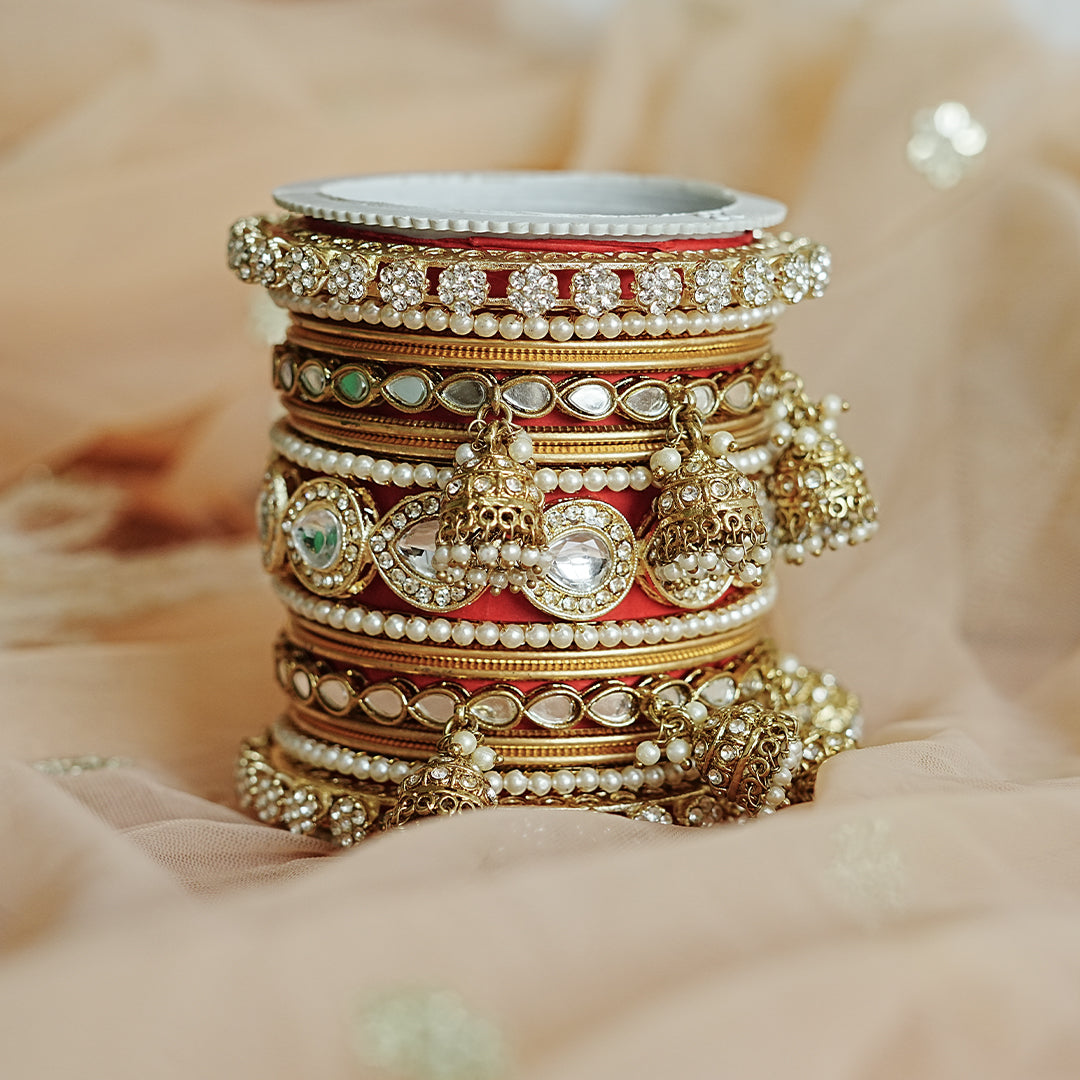 Traditional Golden Bangles Set for Women & Girls | Kundan Work with Jhumki Latkan Kada (Both Hands)