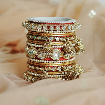 Traditional Golden Bangles Set for Women & Girls | Kundan Work with Jhumki Latkan Kada (Both Hands)