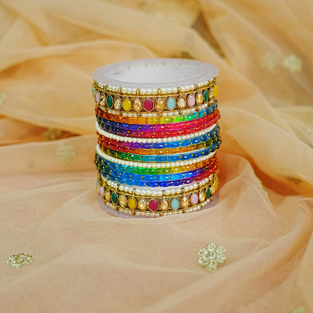 Glass Bangle with Multi Color Kundan Kada Set for Women & Girls