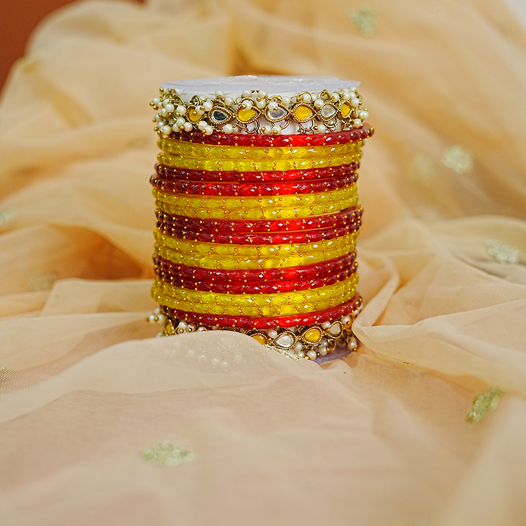 Traditional Glass Bangle Set with Kundan Metal Kada & Pearl for Women