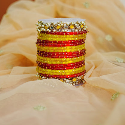 Traditional Glass Bangle Set with Kundan Metal Kada & Pearl for Women