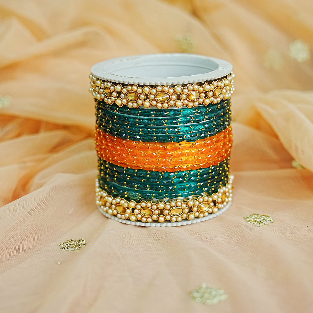 Glass Bangle Set with Kundan Metal Kada & Pearl Studded for women