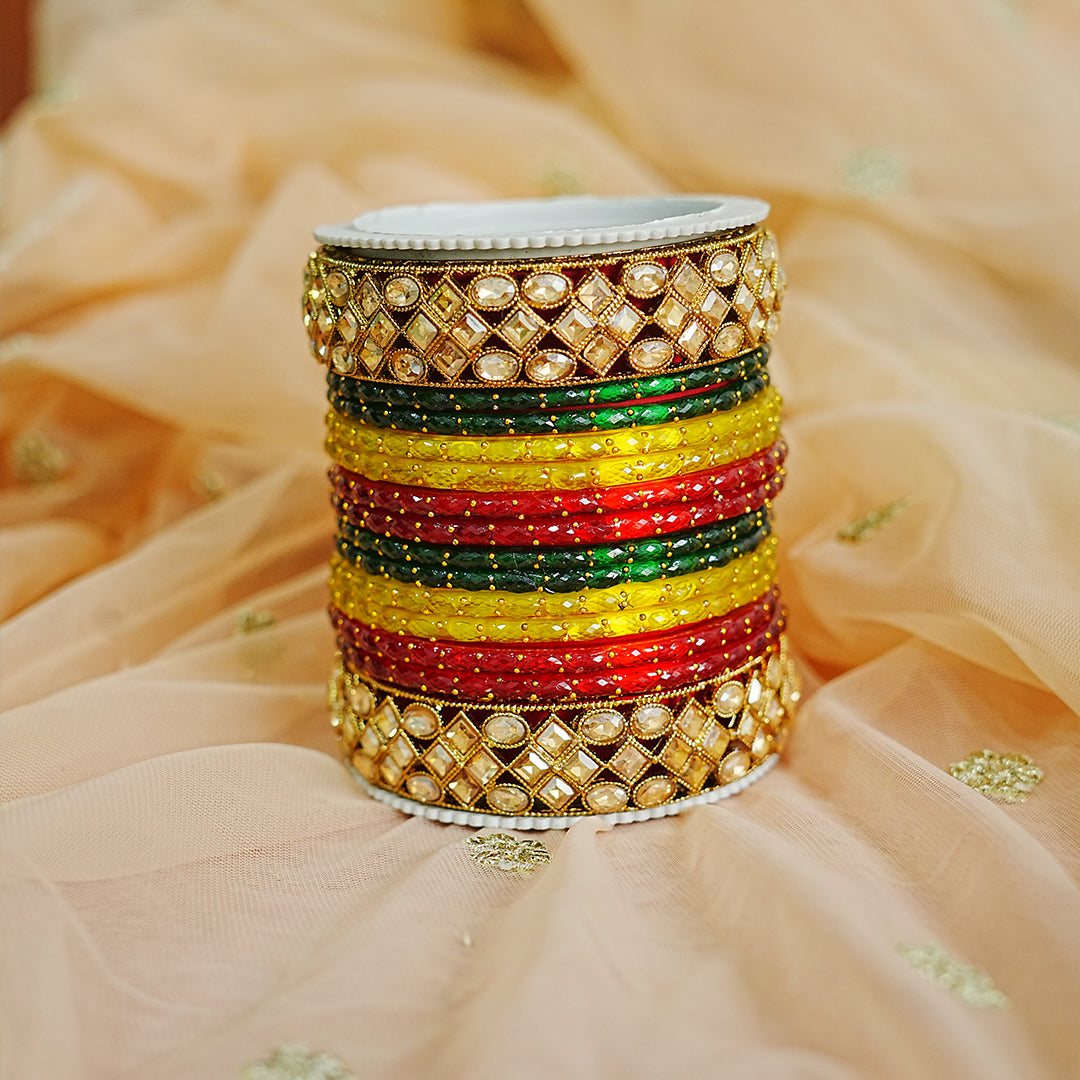 Elegant Multi Color Glass Bangles with Metal Kada For Women & Girls