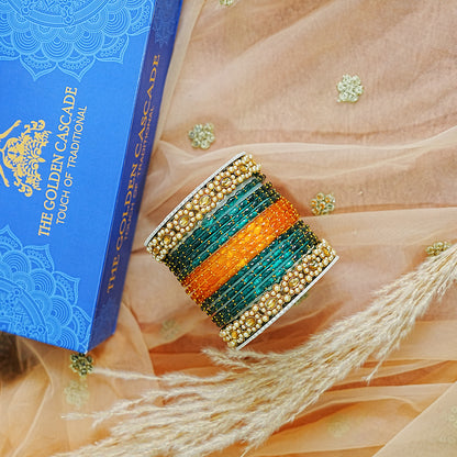 Glass Bangle Set with Kundan Metal Kada & Pearl Studded for women