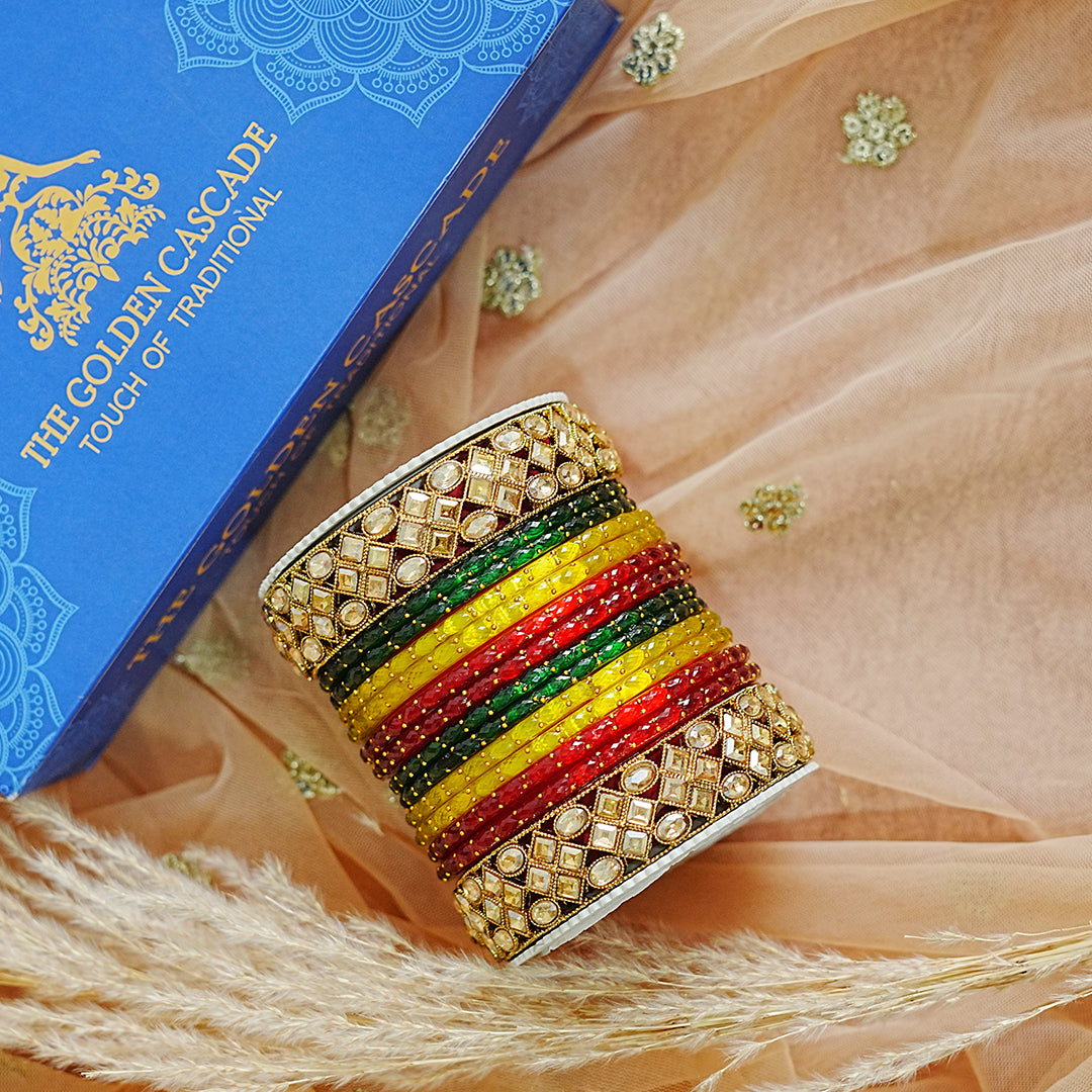Elegant Multi Color Glass Bangles with Metal Kada For Women & Girls
