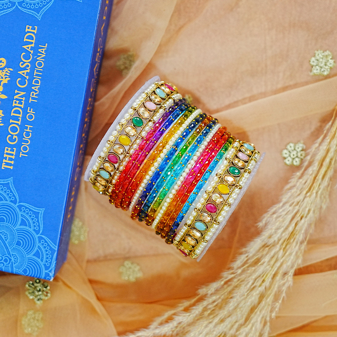 Glass Bangle with Multi Color Kundan Kada Set for Women & Girls