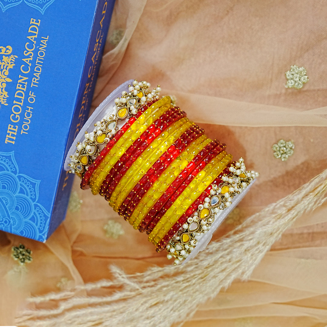 Traditional Glass Bangle Set with Kundan Metal Kada & Pearl for Women