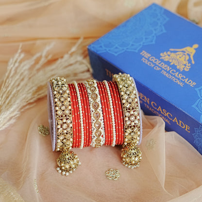 Traditional Red Metal Bangles Set for Women | Stylish Kundan Work Studded Golden Jhumki Kada