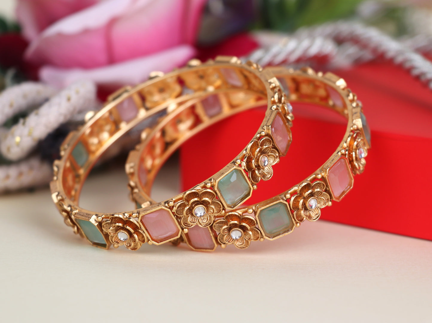 Gold Plated Multicolor Kada with Kundan for Women & Girls