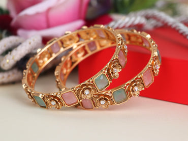 Gold Plated Multicolor Kada with Kundan for Women & Girls