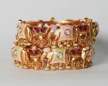 Stylish Elephant with Kalash Design Bracelet for Women, Brass Kada Handcrafted Indian Jewelry