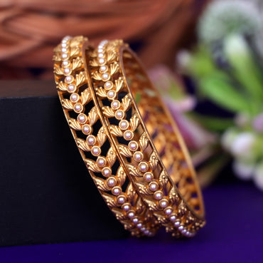 Stylish Pearl Studded Kada Gold-Plated Traditional Bangles for Women & Girls