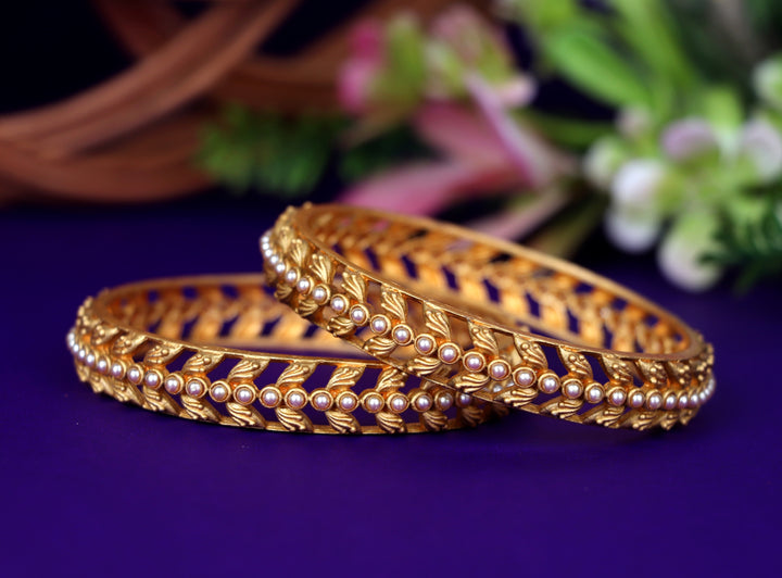 Stylish Pearl Studded Kada Gold-Plated Traditional Bangles for Women & Girls