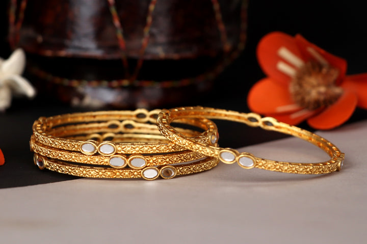 Antique Design Golden Color Metal Bracelet Gold-Plated Mirror Work | Traditional Bangles for Women & Girls