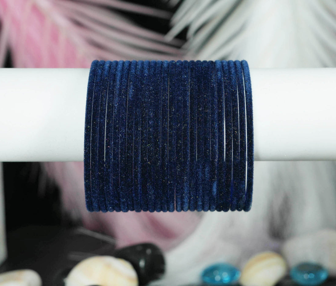 Black Blue Velvet Metal Bangles for Women & Girls (Pack of 24)
