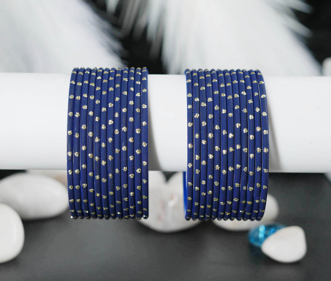 Black Blue Dot Design Matte Finish Metal Bangle for Women & Girls (Pack of 24)