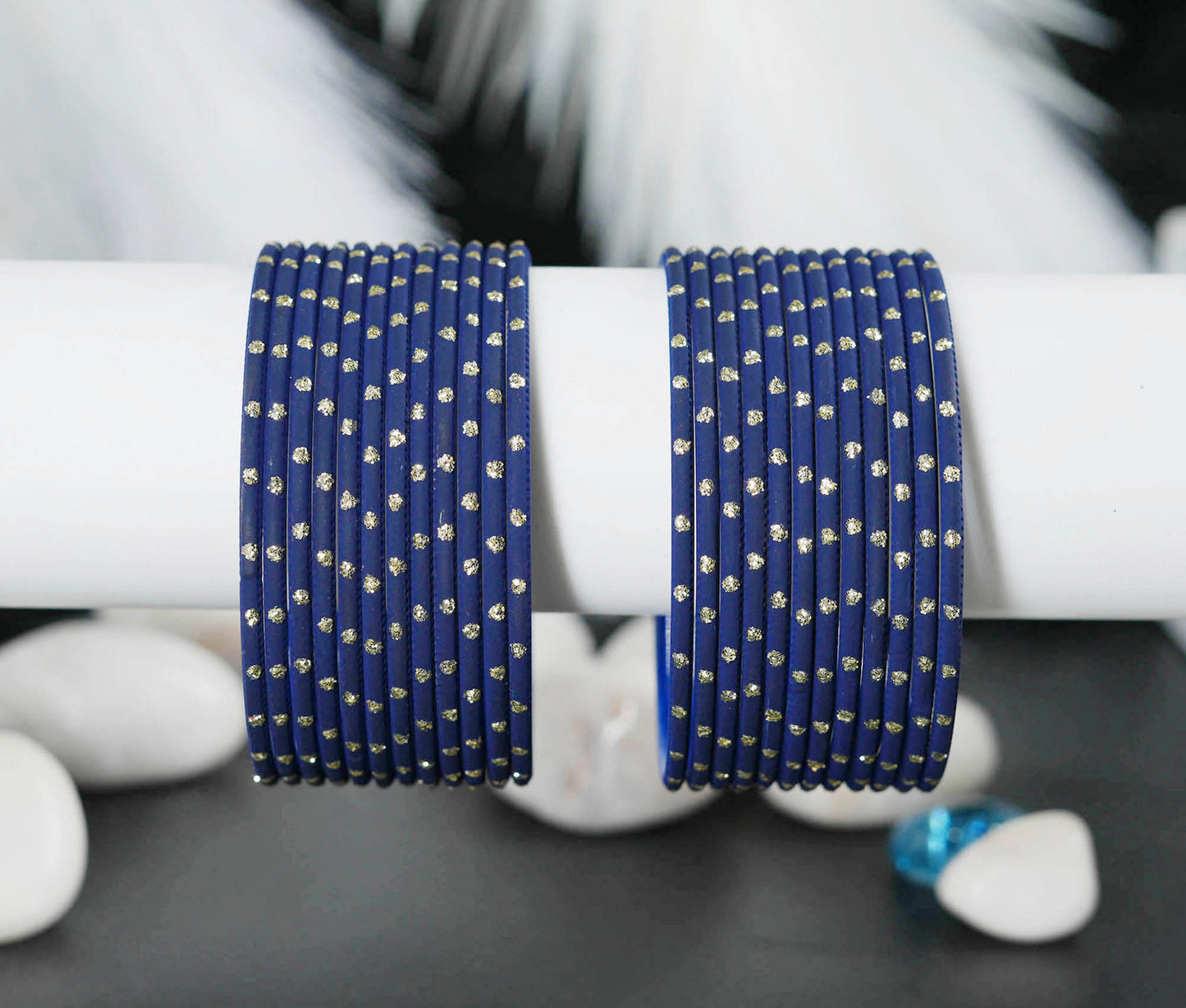 Black Blue Dot Design Matte Finish Metal Bangle for Women & Girls (Pack of 24)