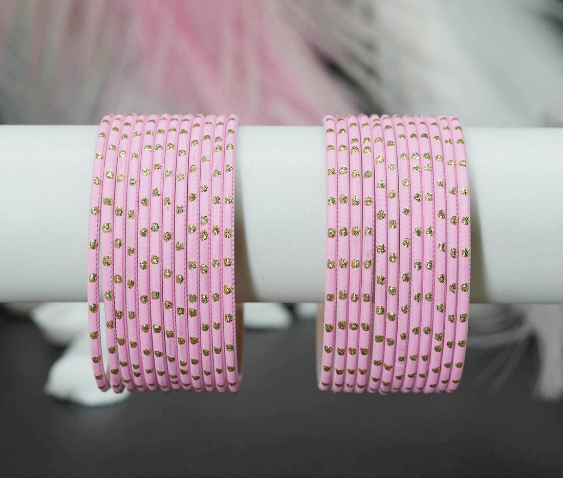 Baby Pink Dot Design Matte Finish Metal Bangle for Women & Girls (Pack of 24)
