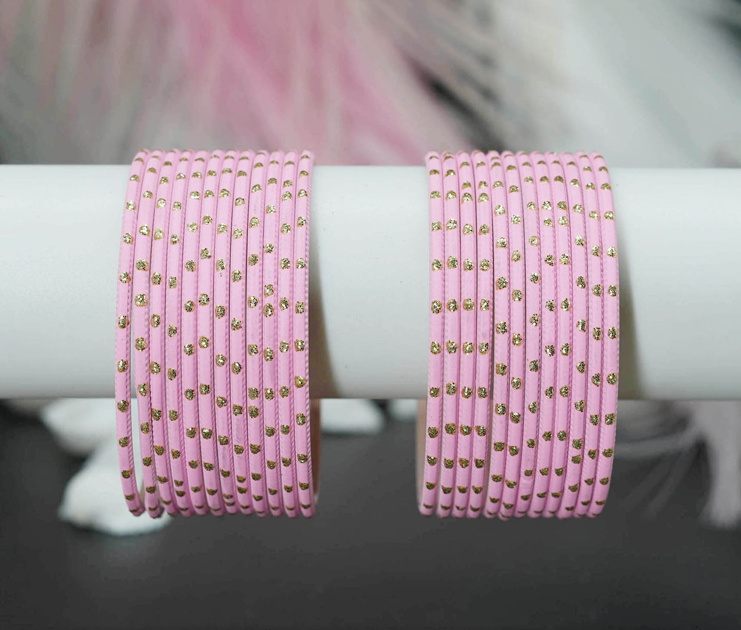 Baby Pink Dot Design Matte Finish Metal Bangle for Women & Girls (Pack of 24)