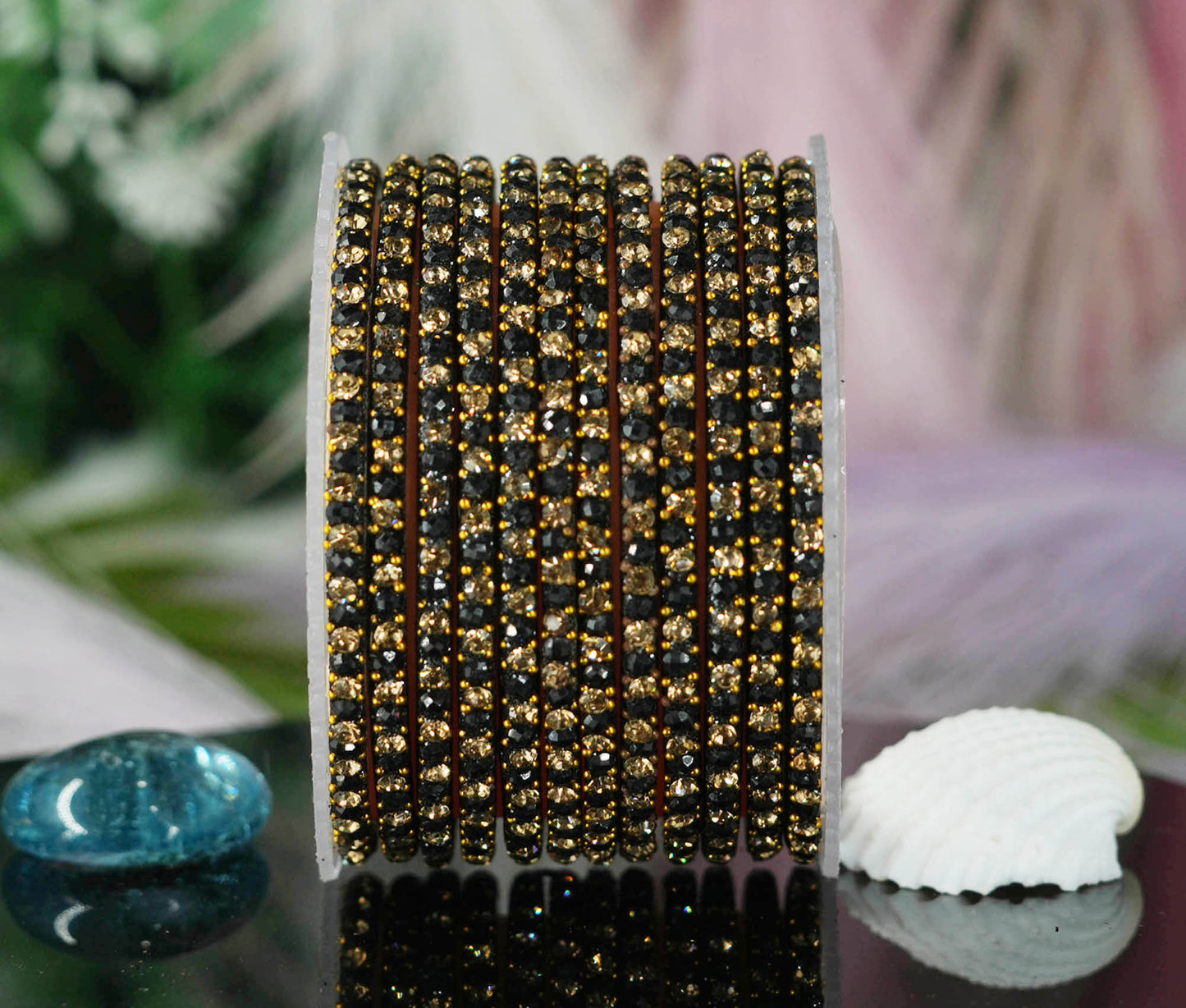 Glass Bangles with Beads Studded for Women & Girls | Multiple Color Chudiyan (Pack of 12 Bangles)