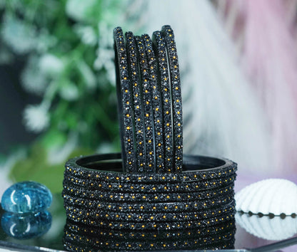 Glass Bangle with Golden Ball Studded for Women & Girls (Pack of 12 Bangles)