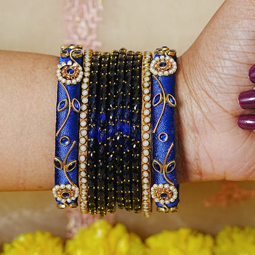 Traditional Thread Work Mini Glass Bangles Set for Women (Both Hands)