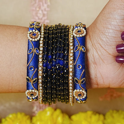 Traditional Thread Work Mini Glass Bangles Set for Women (Both Hands)