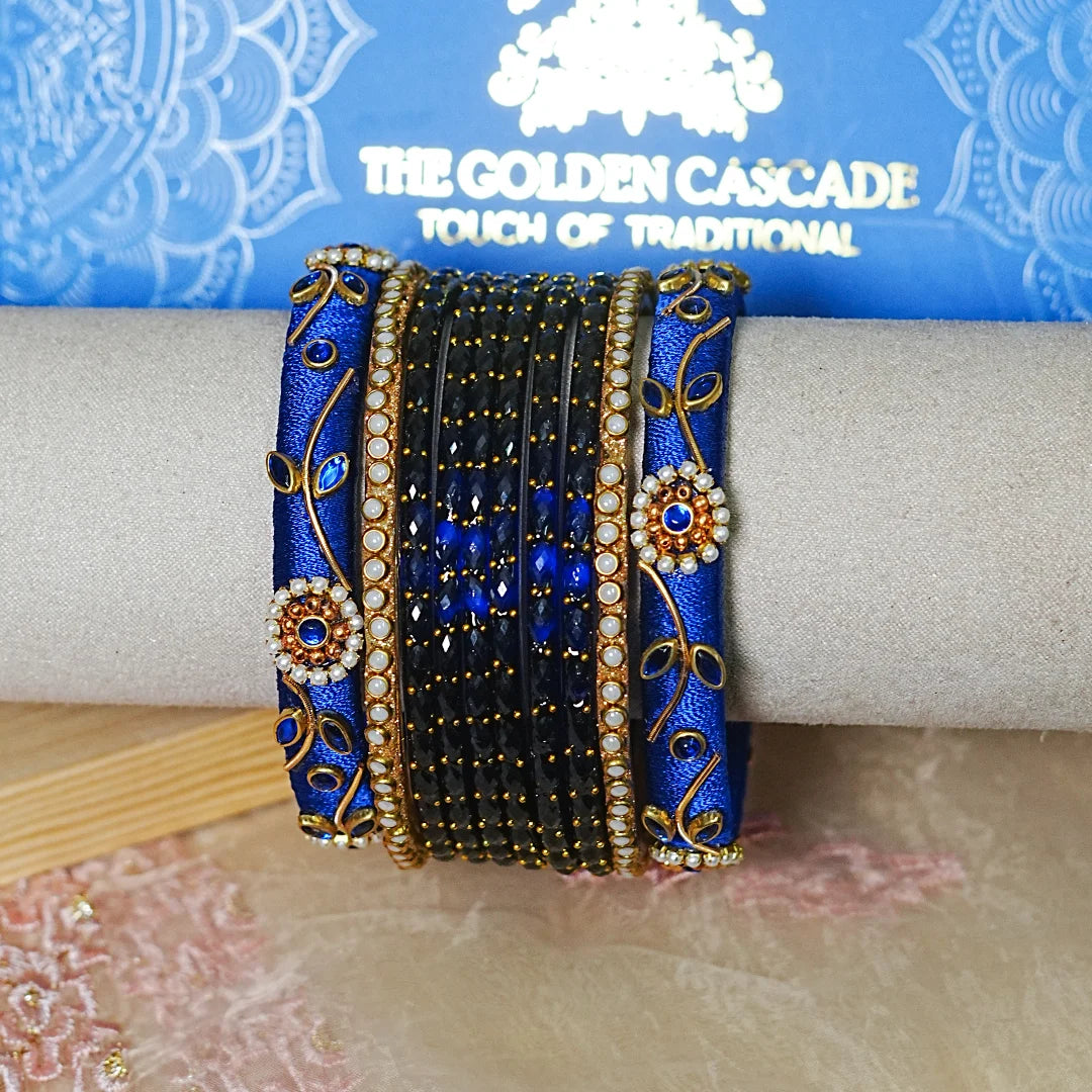 Traditional Thread Work Mini Glass Bangles Set for Women (Both Hands)